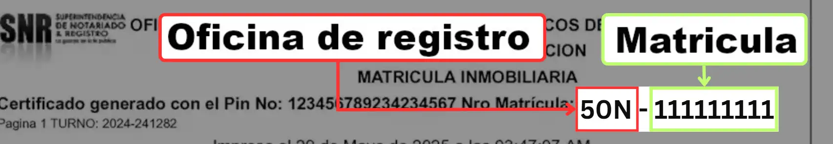 Ejemplo de ubicación de matrícula inmobiliaria en certificado de tradición y libertad